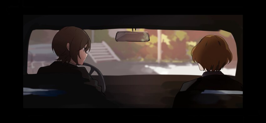 1boy, 1girl, black_jacket, blonde_hair, brown_eyes, brown_hair, car_interior, chainsaw_man