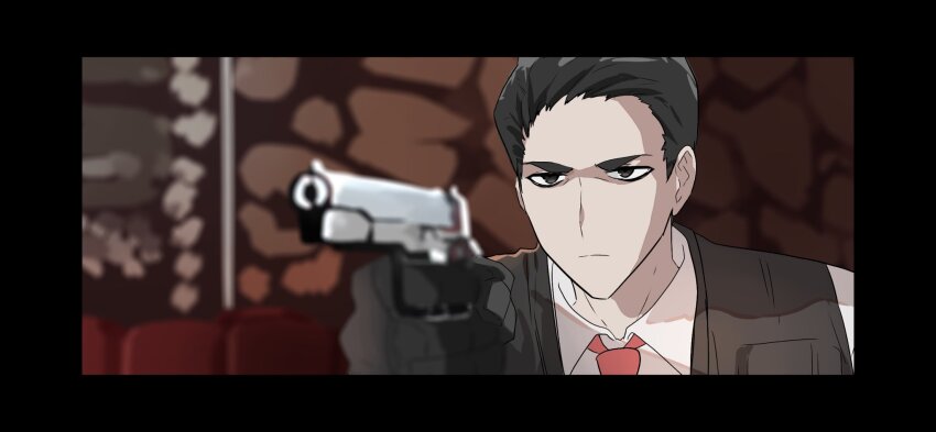 1boy, aiming, black_eyes, black_gloves, black_hair, black_vest, chainsaw_man, collared_shirt