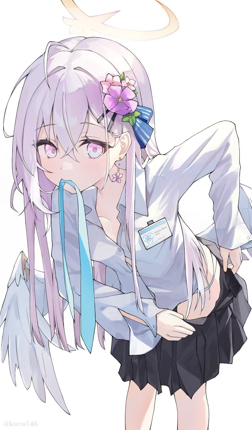 1girl, absurdres, angel_wings, azusa_(blue_archive), blue_archive, collared_shirt, crescent_halo, crossed_bangs