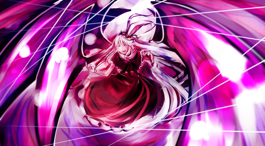 1girl, bat_wings, danmaku, dress, female_focus, hair_bobbles, hair_ornament, long_hair