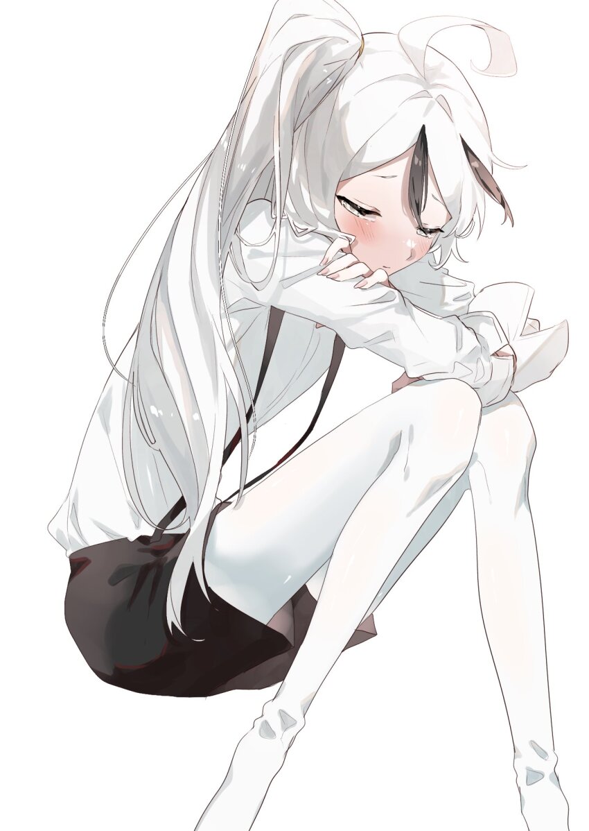 1boy, ahoge, black_shorts, blush, closed_mouth, half-closed_eyes, highres, knees_up