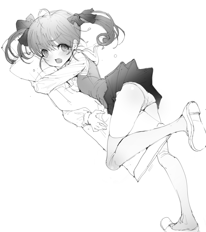 1girl, absurdres, blush, clothes_lift, collared_shirt, dakimakura_(object), fang, full_body, greyscale, hair_ribbon, highres, hugging_object, long_sleeves, medium_hair, miniskirt, monochrome, nonolee4242564, open_mouth, panties, pillow, pleated_skirt, ribbon, sayonara_wo_oshiete, shirt, sketch, skirt, skirt_lift, solo, standing, standing_on_one_leg, tamachi_mahiru, tearing_up, thighhighs, twintails, underwear, v-shaped_eyebrows, vest