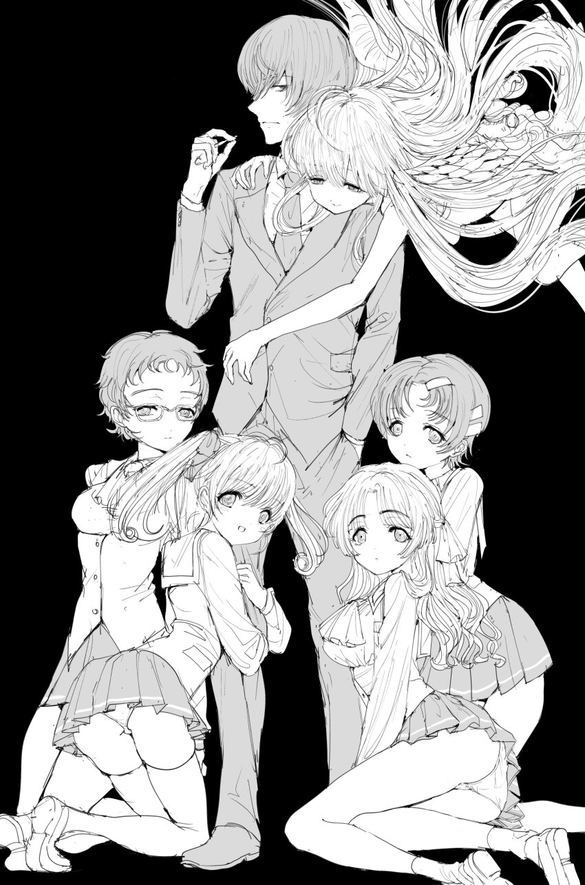 1boy, 5girls, absurdres, ahoge, antenna_hair, ascot, asymmetrical_wings, black_background