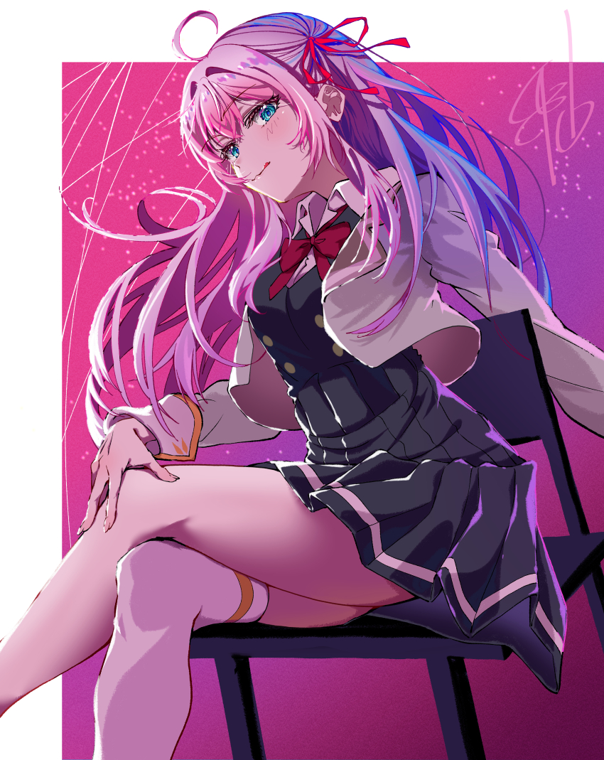 1girl, :q, absurdres, ahoge, alisa_mikhailovna_kujou, blue_eyes, crossed_legs, hair_ribbon