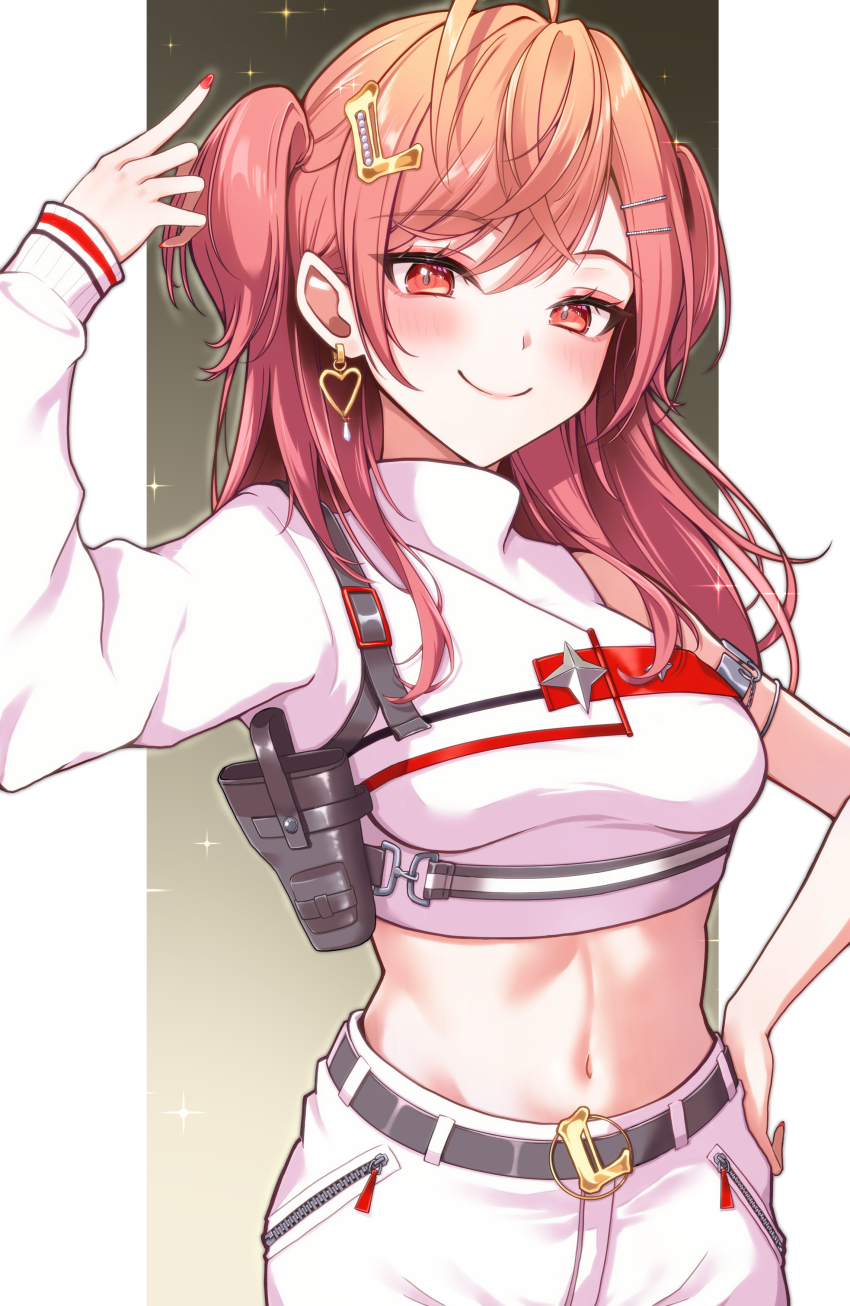 1girl, absurdres, ahoge, arm_strap, arm_up, belt, belt_buckle, blush