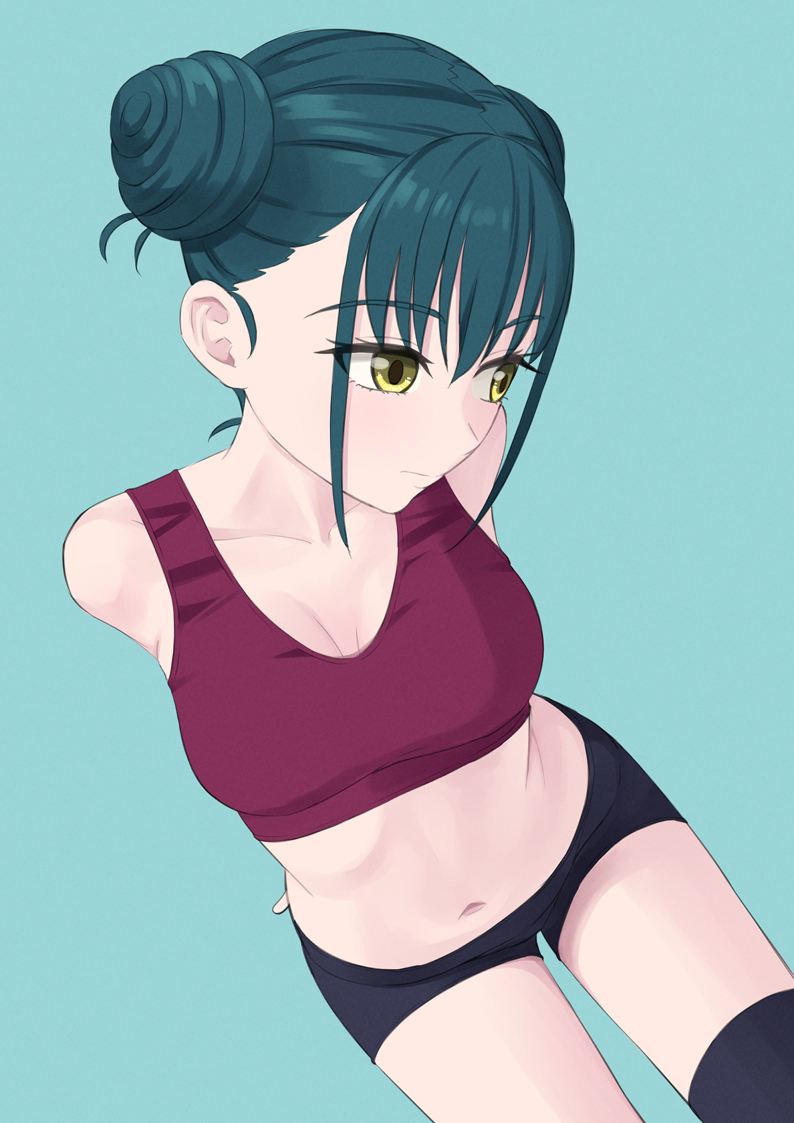 1girl, alternate_hairstyle, aqua_background, arms_behind_back, azuma_yachiho, bike_shorts, black_shorts, black_thighhighs