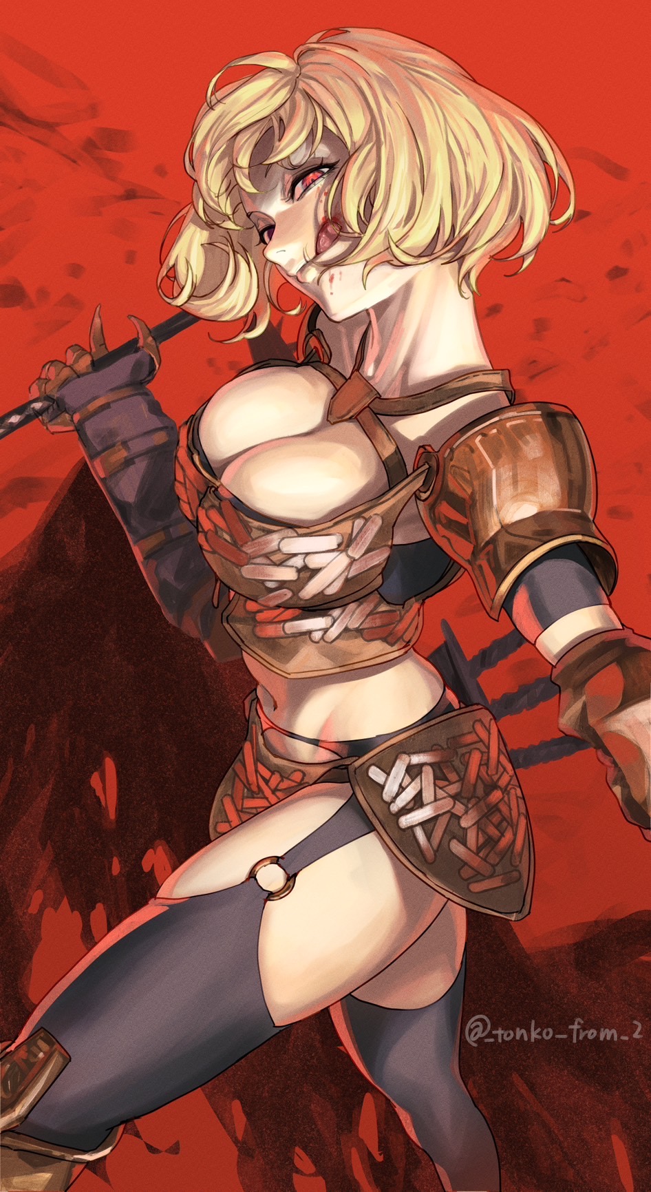 1girl, armor, black_cape, blonde_hair, blood, blood_on_clothes, blush, breasts