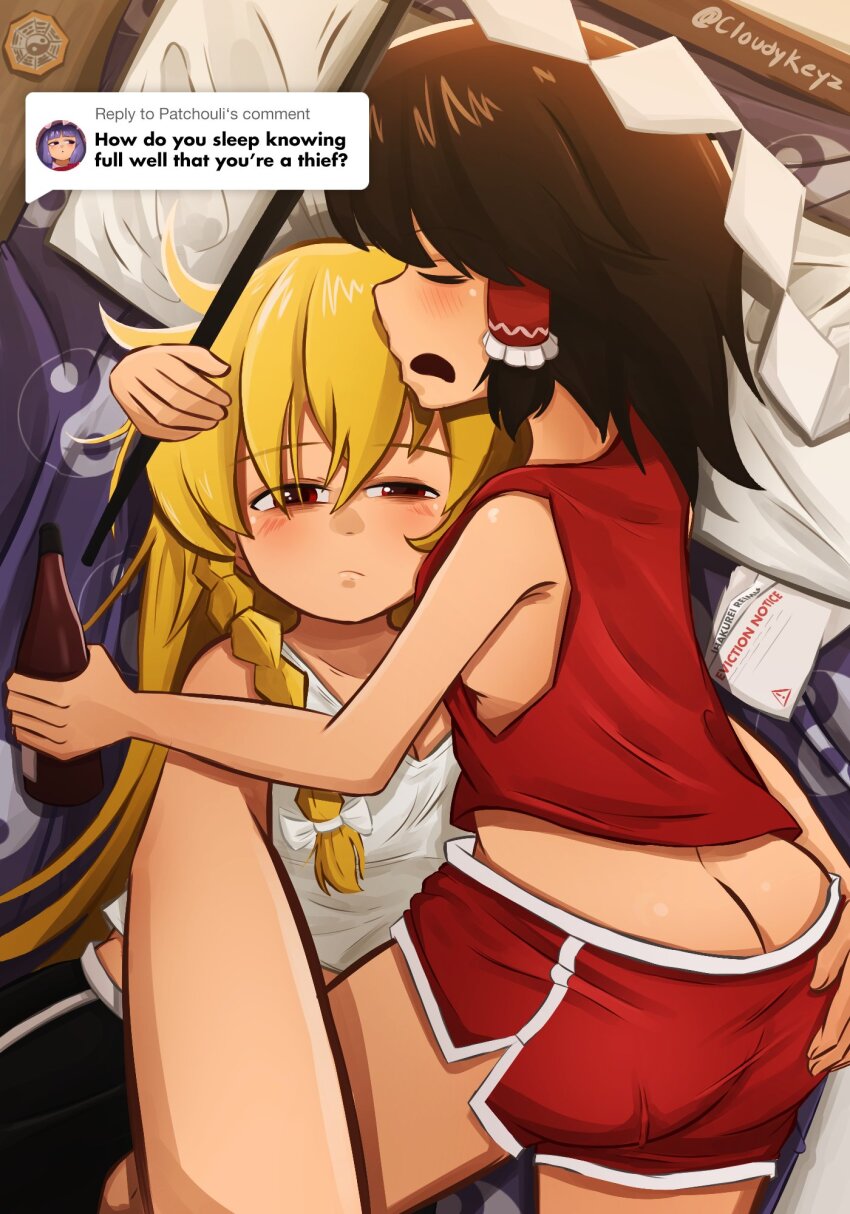 2girls, alternate_costume, ass, blush, bottle, breasts, brown_hair, butt_crack