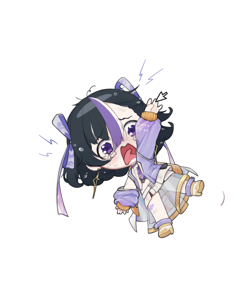 1girl, black_hair, chibi, crying, crying_with_eyes_open, cursor, earrings, goddess_of_victory:_nikke, hair_ribbon, jacket, jewelry, leg_tattoo, momori_sensei, multicolored_hair, open_mouth, purple_eyes, purple_hair, purple_jacket, purple_ribbon, ribbon, shirt, simple_background, skirt, solo, streaked_hair, syuen_(nikke), tattoo, tears, white_background, white_hair, white_shirt, white_skirt