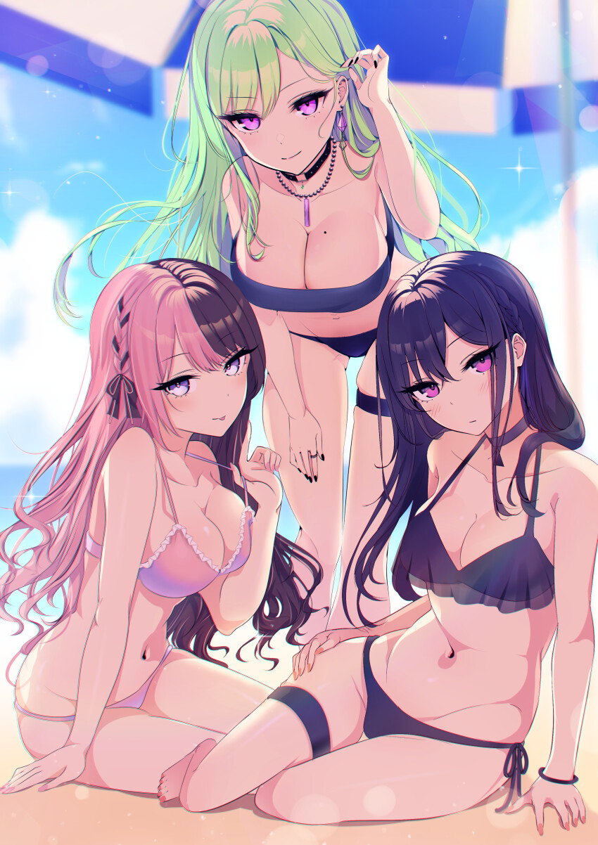 3girls, absurdres, adjusting_hair, bead_necklace, beads, bikini, black_bikini, black_choker