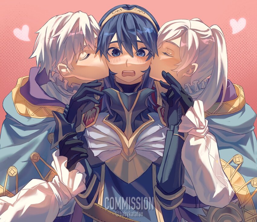 1boy, 2girls, babykatafan, bisexual_female, black_gloves, blue_cape, blue_eyes, blue_gloves, blue_hair, blush, brand_of_the_exalt, cape, closed_eyes, commentary, commission, english_commentary, female_robin_(fire_emblem), fire_emblem, fire_emblem_awakening, fire_emblem_heroes, gloves, hair_between_eyes, heart, highres, holding_hands, kiss, kissing_cheek, long_hair, long_sleeves, lucina_(brave_princess)_(fire_emblem), lucina_(fire_emblem), male_robin_(fire_emblem), multiple_girls, nintendo, official_alternate_costume, open_mouth, female_robin_(exalt's_right_hand)_(fire_emblem), male_robin_(exalt's_deliverer)_(fire_emblem), short_hair, symbol_in_eye, teeth, tiara, twitter_username, upper_body, upper_teeth_only, white_hair