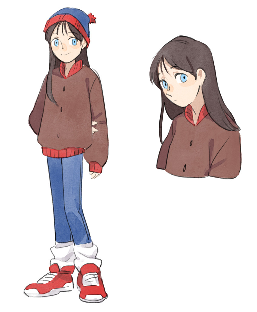 1girl, animification, arm_behind_back, beanie, black_hair, blue_eyes, commentary_request, denim