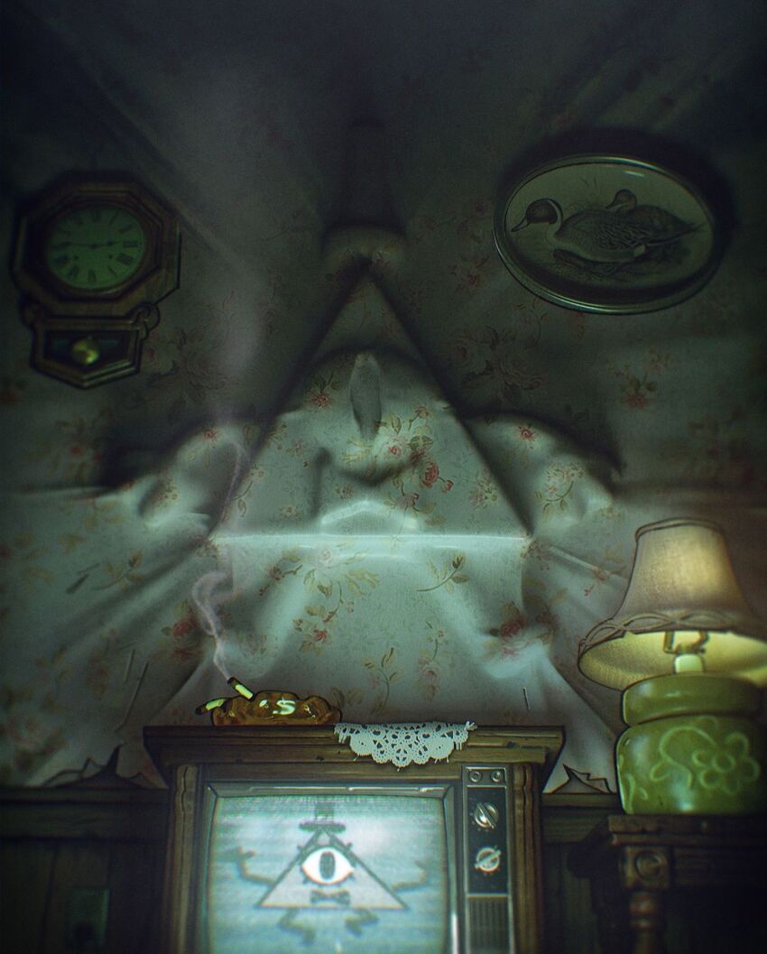 2boys, arms_up, bill_cipher, bird, black_bow, black_bowtie, black_eyes, black_hat, blender_(medium), book_of_bill, bow, bowtie, cigarette, cigarette_butt, cigarette_holder, clock, commentary, dial_television, disney, dual_persona, duck, electric_plug, electrical_outlet, english_commentary, eyelashes, facing_viewer, floral_print, gravity_falls, hat, highres, ian_worrel, indoors, lace_trim, lamp, looking_at_viewer, multiple_boys, no_humans, official_art, one-eyed, open_hands, painting_(object), pendulum_clock, picture_frame, table, television, through_wall, top_hat, triangle, vignetting, wall_clock, wallpaper_(object), wrinkled_fabric