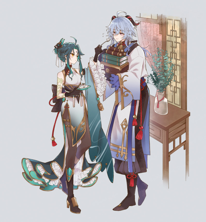 1boy, 1girl, almond_tofu_(genshin_impact), arm_tattoo, bare_shoulders, black_gloves, black_pantyhose, blue_hair