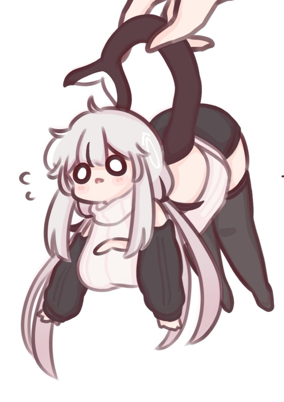 1girl, 1other, bare_shoulders, black_hair, black_shorts, black_thighhighs, blush_stickers, breasts