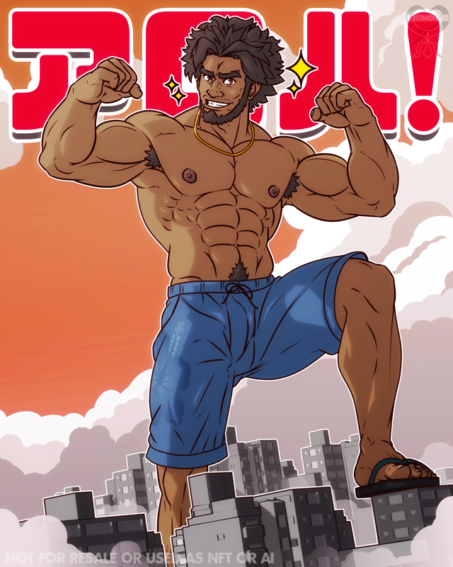 1boy, abs, armpit_hair, artist_logo, bara, beard, blue_male_swimwear, brown_eyes