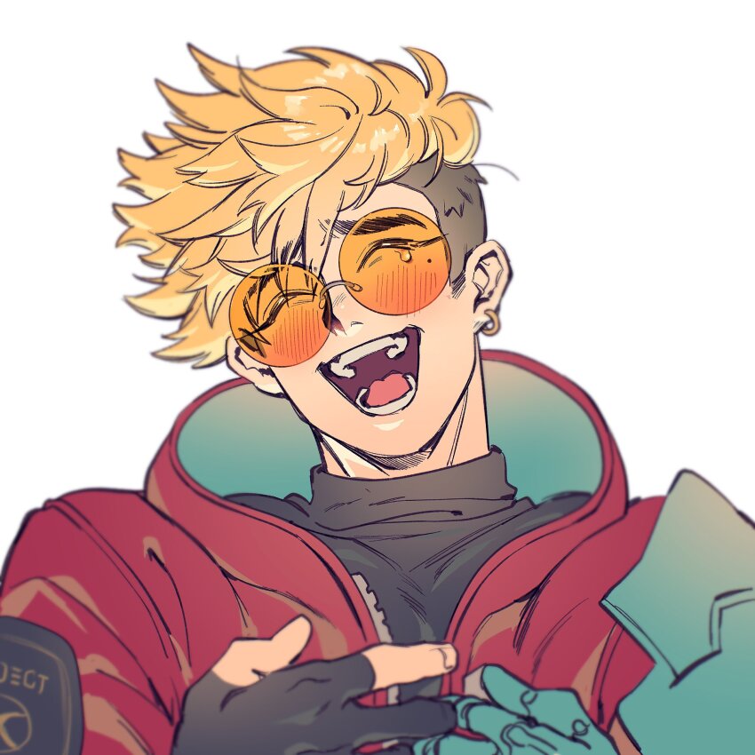 1boy, black_gloves, black_shirt, blonde_hair, blush, closed_eyes, coat, coliqo