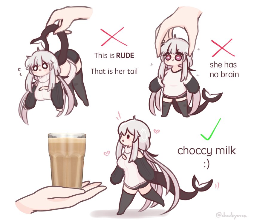 1girl, 1other, :>, absurdres, black_shorts, black_thighhighs, blush_stickers, breasts