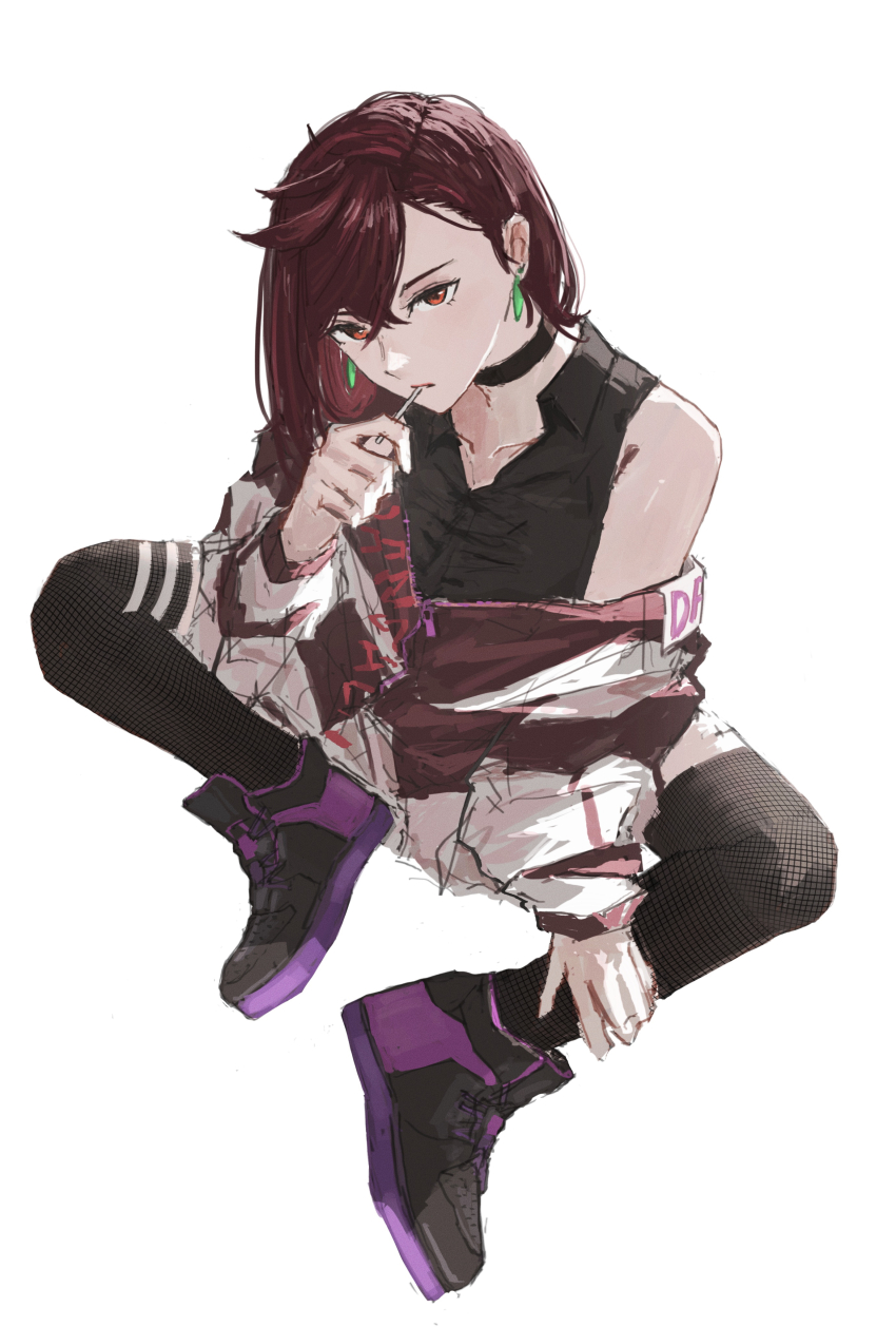 1girl, absurdres, armald0, ayase_momo, black_choker, black_shirt, black_thighhighs, brown_hair, candy, choker, collarbone, commentary, dandadan, earrings, food, food_in_mouth, full_body, hair_between_eyes, highres, holding, holding_candy, holding_food, holding_lollipop, jacket, jewelry, lollipop, long_sleeves, looking_at_viewer, purple_shoes, red_eyes, shirt, shoes, short_hair, single_bare_shoulder, sitting, sleeveless, sleeveless_shirt, solo, thighhighs, white_background