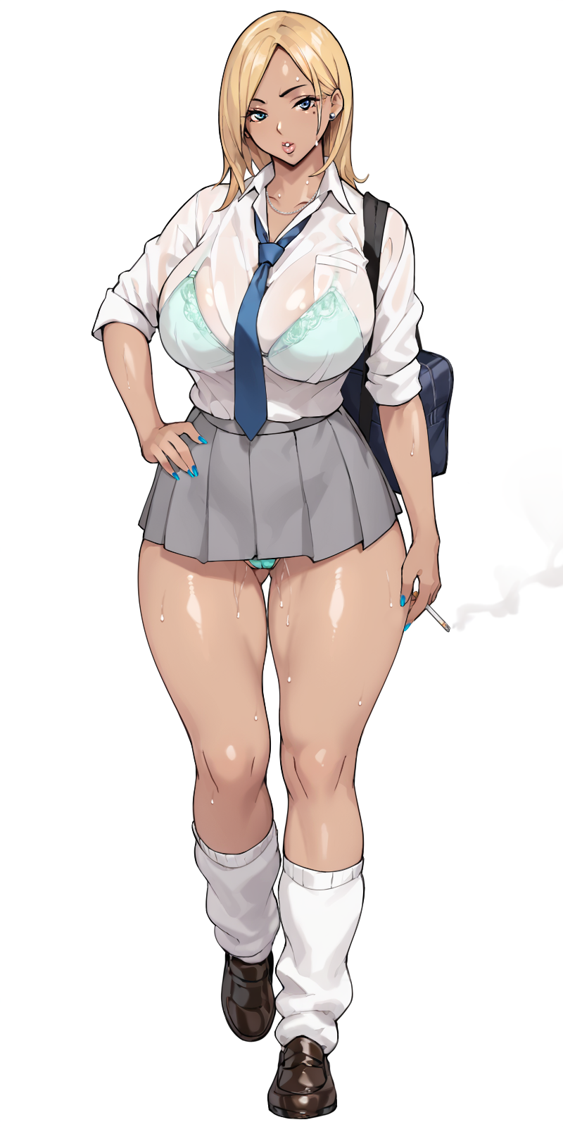 1girl, aqua_bra, aqua_panties, bag, blonde_hair, blue_nails, blue_necktie, bra