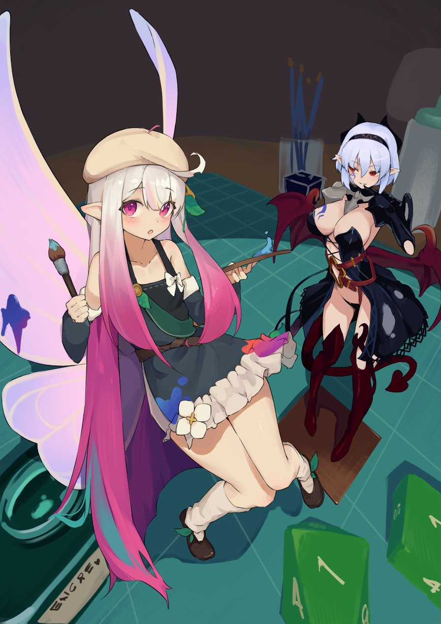 2girls, bell_orgel, blue_hair, blush, boots, breast_tattoo, breasts, chest_tattoo