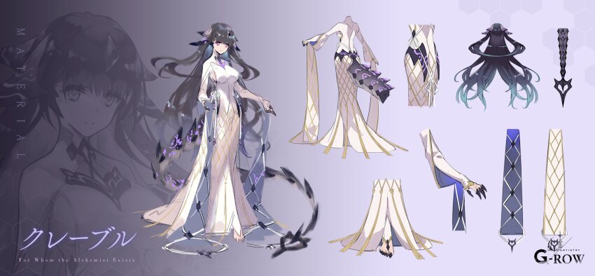 1girl, aqua_hair, black_hair, black_nails, breasts, character_name, reference_sheet, claybelle