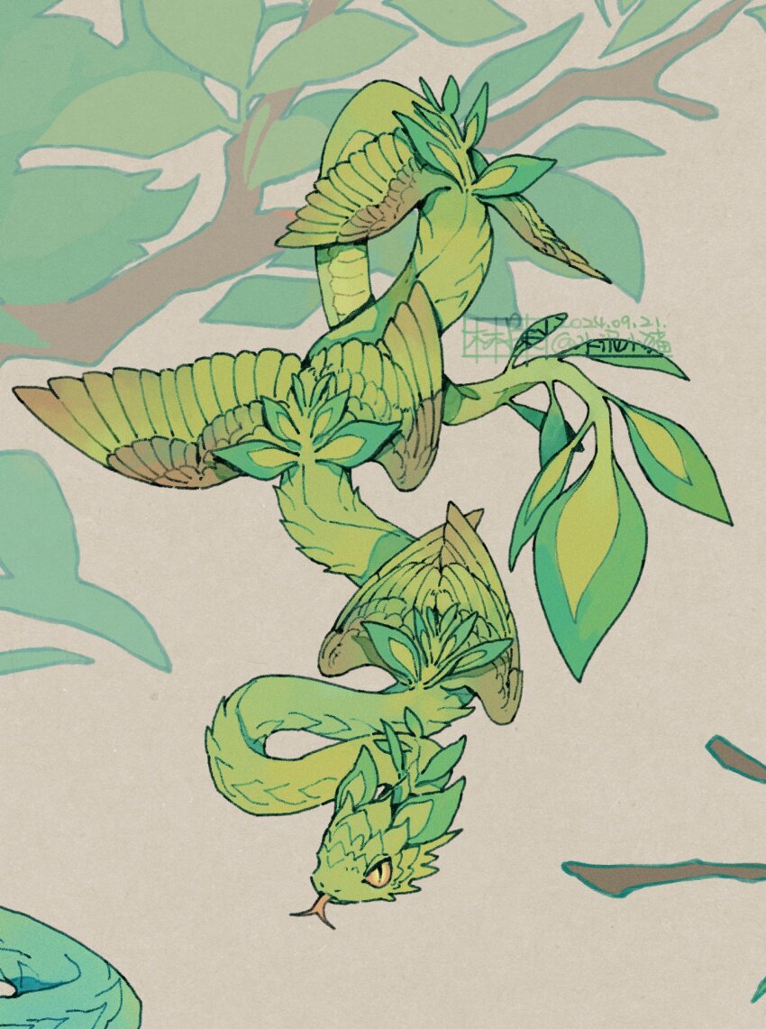 animal_focus, artist_name, branch, brown_background, dated, feathered_wings, forked_tongue, full_body