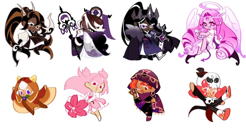 1other, 3girls, 4boys, :d, affogato_cookie, androgynous, angel_wings, barefoot, belt, belt_pouch, black_footwear, black_gloves, black_hair, black_hat, black_pants, black_shirt, blush_stickers, bow_(weapon), bracelet, braid, brown_cape, brown_eyes, brown_hair, brown_kimono, cape, caramel_arrow_cookie, card, cherry_blossom_cookie, chibi, chibi_only, cinnamon_cookie, cinnamon_cookie_(fortuneteller_apprentice), closed_mouth, colored_skin, commentary_request, cookie_run, cookie_run:_kingdom, cookie_run:_ovenbreak, crown, dark-skinned_female, dark-skinned_male, dark_cacao_cookie, dark_skin, demon_tail, demon_wings, dress, earrings, eternal_sugar_cookie, eyeshadow, fang, feathered_wings, flower_umbrella, food-themed_clothes, frilled_dress, frills, full_body, fur-trimmed_cape, fur_trim, geruideyundongxie, gloves, gradient_hair, grapefruit_cookie, grapefruit_cookie_(scary_skull), hair_between_eyes, halo, harp, hat, helmet, highres, holding, holding_bow_(weapon), holding_card, holding_instrument, holding_staff, holding_sword, holding_umbrella, holding_weapon, hood, hood_up, hoop_earrings, instrument, japanese_clothes, jewelry, kimono, long_hair, long_sleeves, makeup, mini_hat, mini_top_hat, multicolored_hair, multicolored_kimono, multicolored_wings, multiple_boys, multiple_girls, multiple_wings, o3o, official_alternate_costume, official_style, one_eye_closed, open_mouth, orange_hair, pancake_cookie, pants, parasol, pink_dress, pink_eyes, pink_hair, pink_skin, pink_wings, pointy_ears, ponytail, pouch, puffy_long_sleeves, puffy_sleeves, purple_cape, purple_eyes, purple_eyeshadow, purple_footwear, purple_kimono, purple_scarf, purple_tail, purple_wings, ringlets, robe, roller_skates, scarf, shirt, shoes, short_hair, sidelocks, simple_background, skates, skin_fang, slit_pupils, smile, staff, streaked_hair, striped_clothes, striped_pants, sword, tail, tarot, tarot_card, top_hat, two-tone_hair, umbrella, vertical-striped_clothes, vertical-striped_pants, very_long_hair, weapon, white_background, white_dress, white_footwear, white_hair, white_halo, white_helmet, white_kimono, white_wings, wings