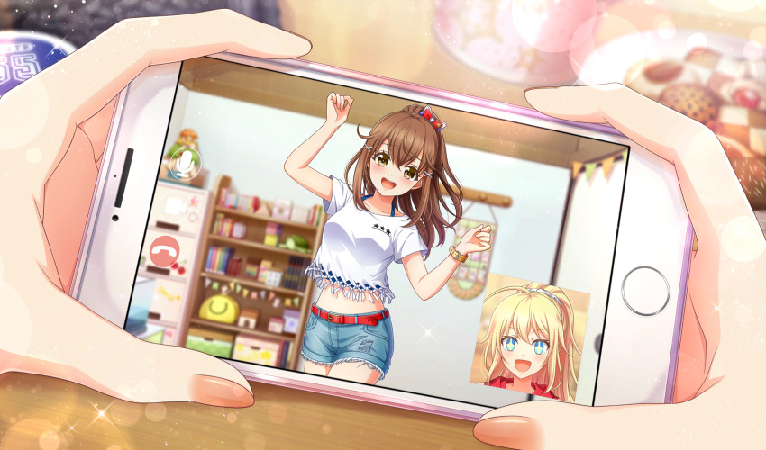 +_+, 2girls, :d, ahoge, amelia_thunders, belt, blonde_hair, blue_shorts