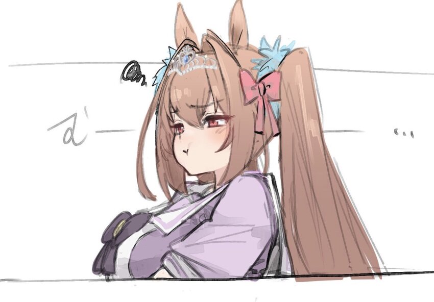 :t, animal_ears, annoyed, bow, bow_(weapon), bowtie, breasts, brown_hair