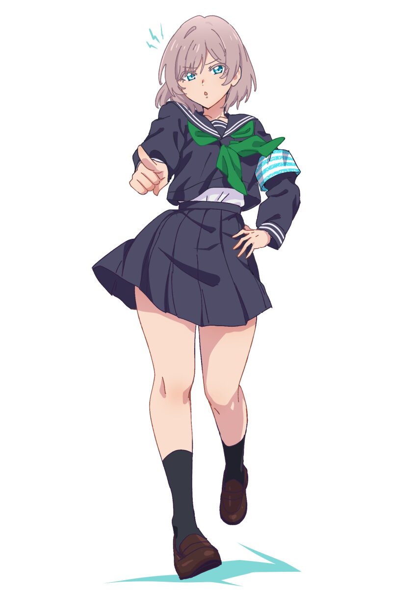 1girl, black_sailor_collar, black_serafuku, black_shirt, black_skirt, blue_eyes, breasts, green_neckerchief