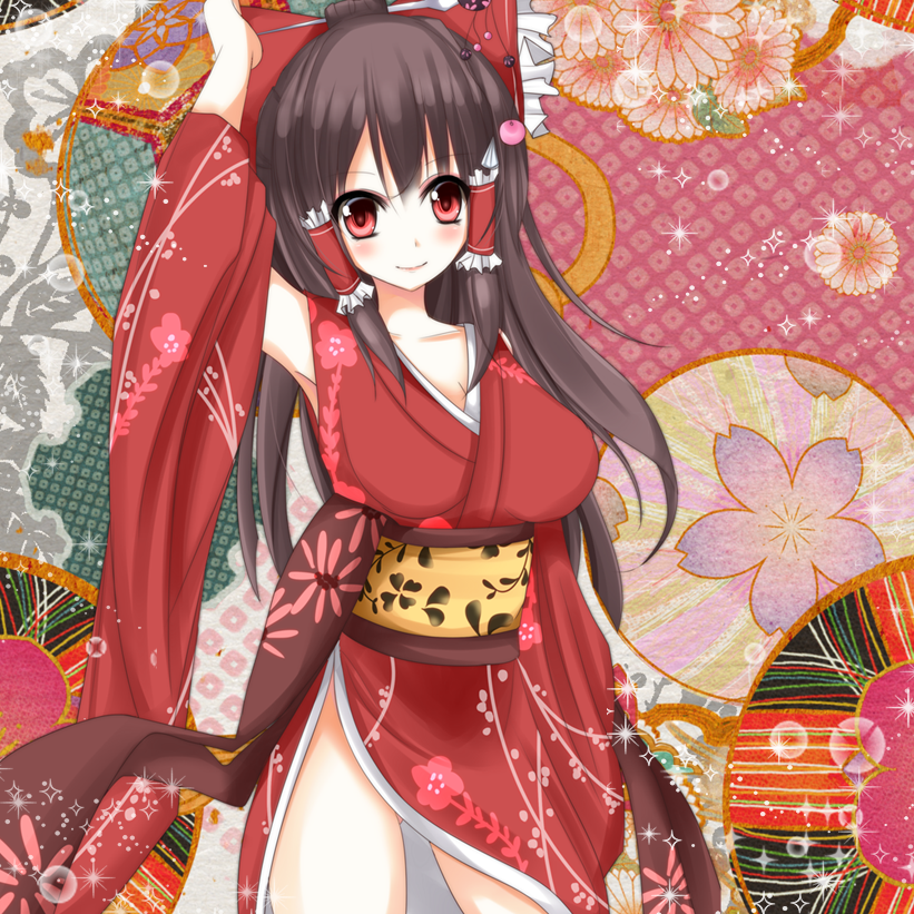 1girl, alternate_costume, arm_up, armpits, bad_id, bad_pixiv_id, bow, brown_hair