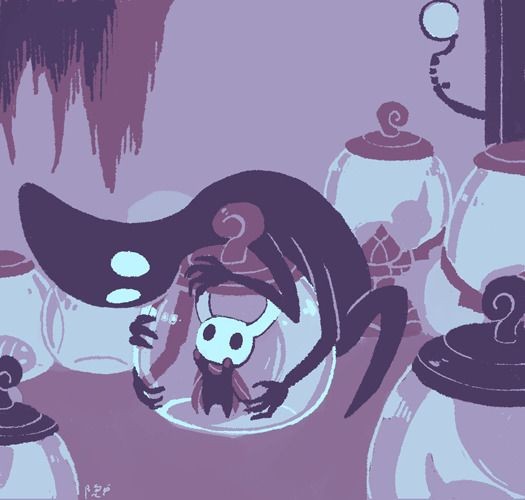 2others, black_eyes, black_skin, caught, cloak, collector_(hollow_knight), colored_skin, genki_(obsession)
