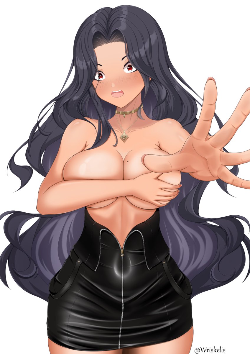 1girl, bare_shoulders, black_dress, black_hair, breasts, clothes_pull, collarbone, covering_breasts, covering_privates, dark-skinned_female, dark_skin, dress, dress_pull, gold_choker, gold_necklace, highres, jewelry, large_breasts, linea_alba, long_hair, mole, mole_on_breast, mole_under_eye, necklace, nijisanji, nijisanji_en, open_mouth, partially_unzipped, reaching, reaching_towards_viewer, red_eyes, scarle_yonaguni, short_dress, solo, teeth, twitter_username, upper_teeth_only, virtual_youtuber, wriskelis