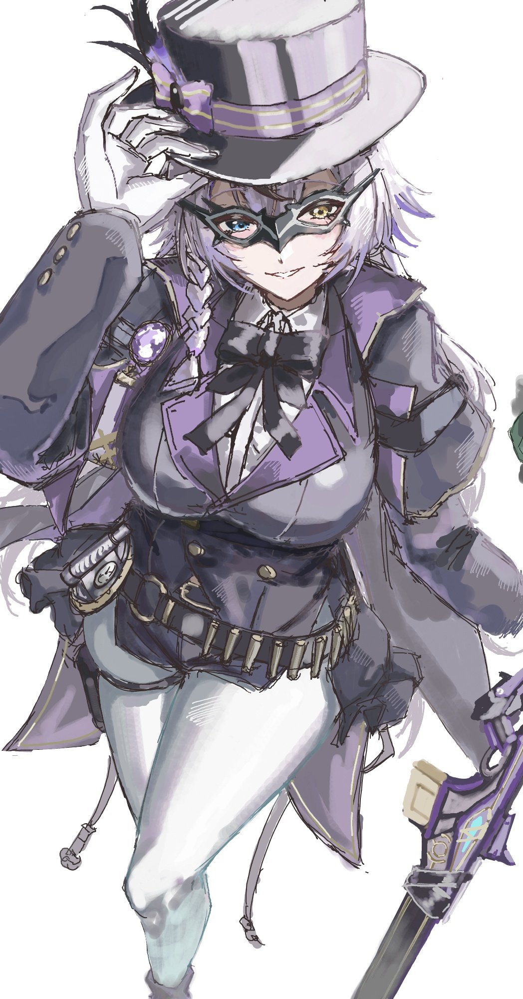 1girl, assault_rifle, belt, black_belt, blue_eyes, breasts, eye_mask, gloves