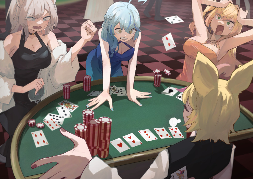 4girls, ace_(playing_card), ace_of_hearts, ace_of_spades, ahoge, alternate_costume, animal_ears, bare_shoulders