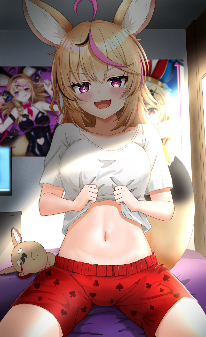 1girl, absurdres, ahoge, alternate_costume, animal_ear_fluff, animal_ears, black_hair, blonde_hair, blush, breasts, clothes_lift, commentary_request, cowboy_shot, fox_ears, fox_girl, fox_tail, good_morning_my_brother_(meme), heart, heart-shaped_pupils, highres, hololive, indoors, kanzakiira0430, lifting_own_clothes, long_hair, looking_at_viewer, meme, midriff, multicolored_hair, navel, omaru_polka, on_bed, open_mouth, pink_hair, poster_(object), purple_eyes, red_shorts, shirt, shirt_lift, short_sleeves, shorts, sitting, smile, streaked_hair, sunlight, symbol-shaped_pupils, t-shirt, tail, virtual_youtuber, white_shirt, zain_(omaru_polka)