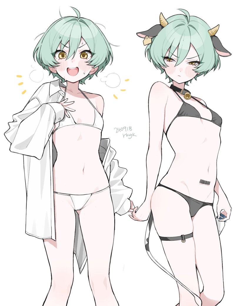 2girls, animal_ears, aqua_hair, bare_shoulders, bell, bikini, black_bikini, blush