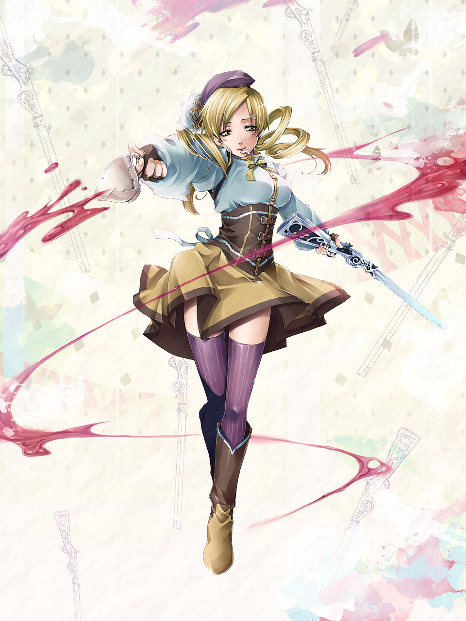 10s, 1girl, beret, blonde_hair, blood, boots, breasts, broken, brown_thighhighs, corset, cup, detached_sleeves, drill_hair, female_focus, fingerless_gloves, gloves, gun, hair_ornament, hairpin, hat, highres, large_breasts, magical_girl, magical_musket_(madoka_magica), mahou_shoujo_madoka_magica, mahou_shoujo_madoka_magica_(anime), mouth_hold, nishinomiya_sakuko, pleated_skirt, puffy_sleeves, ribbon, rifle, sakco_ffee, shirt, skirt, solo, striped_clothes, striped_thighhighs, taut_clothes, taut_shirt, teacup, thighhighs, tomoe_mami, tomoe_mami_(magical_girl), twin_drills, twintails, vertical-striped_clothes, vertical-striped_thighhighs, weapon, yellow_eyes, zettai_ryouiki