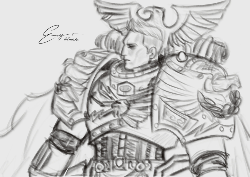 1boy, aquiline_nose, armor, artist_name, belt, bird, breastplate, cape