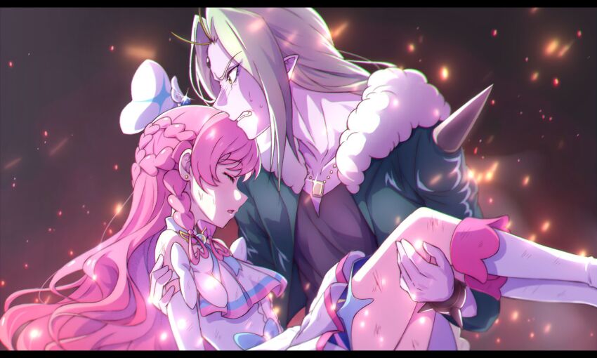 1boy, 1girl, battamonda, boots, bracelet, braid, bruise, bruise_on_face