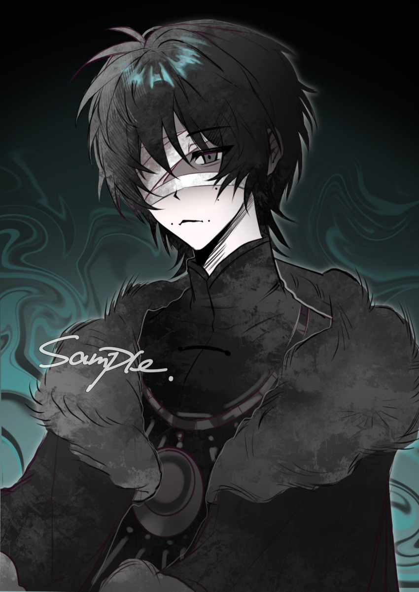 1boy, absurdres, bandage_over_one_eye, capelet, chinese_commentary, closed_mouth, commentary_request, frown