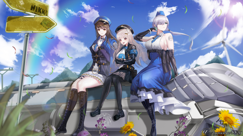 3girls, :d, absurdres, arm_support, arm_up, armband, backless_shirt, bare_shoulders