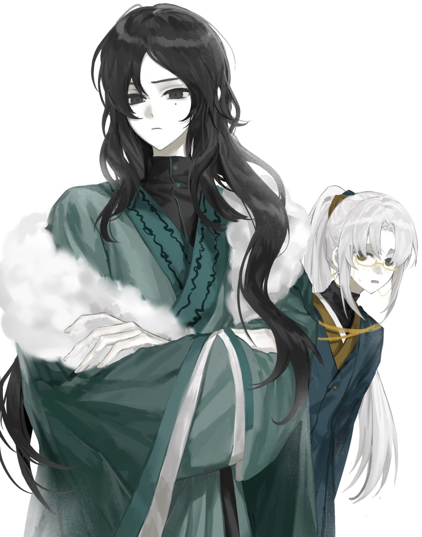 2boys, black_eyes, black_hair, blue_coat, brown_eyes, can't_be_this_cute, chinese_clothes, coat, colored_skin, crossed_arms, curtained_hair, doushale, eyewear_strap, freckles, fur-trimmed_coat, fur_trim, glasses, green_coat, green_hanfu, hanfu, highres, long_hair, long_sleeves, luan_zhiyun, male_focus, mole, mole_under_eye, multiple_boys, open_mouth, ore_no_imouto_ga_konna_ni_kawaii_wake_ga_nai, parody, parted_bangs, ponytail, qiao_yingan, semi-rimless_eyewear, simple_background, sweat, touqi_guaitan, white_background, white_hair, white_skin, wide_sleeves, yellow-framed_eyewear