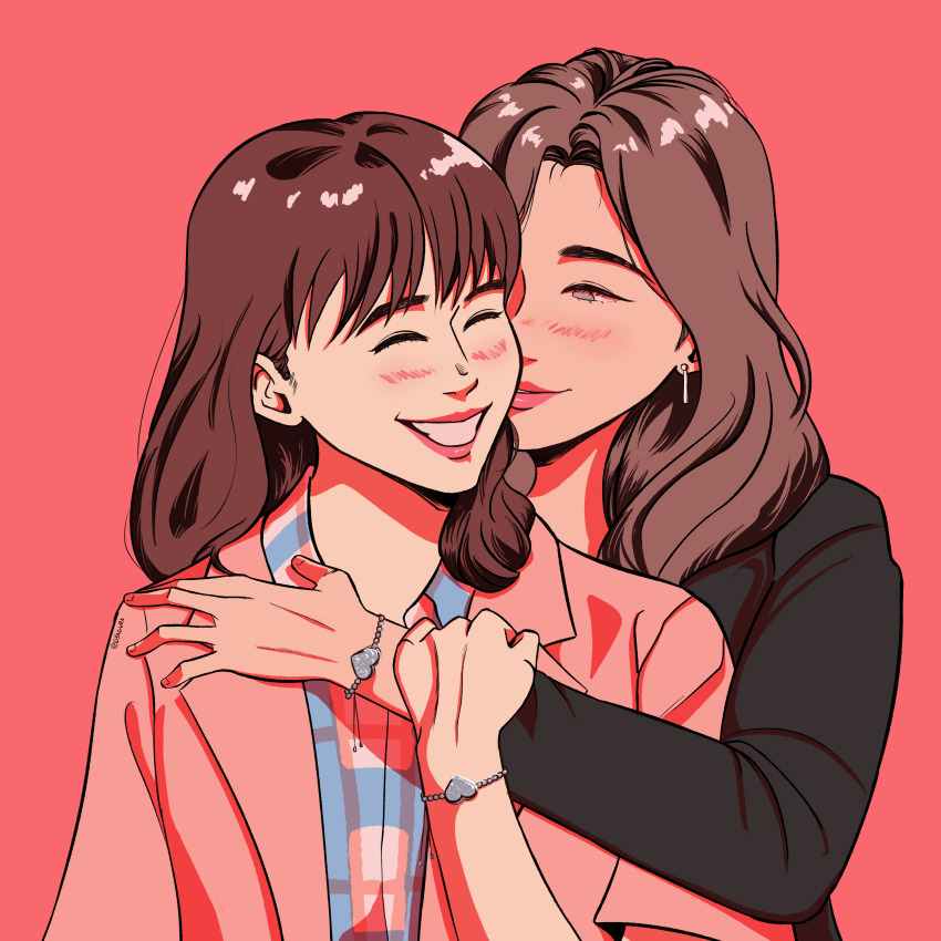 2girls, absurdres, blush, bracelet, brown_hair, closed_eyes, earrings, female_focus, gap:_the_series, grey_eyes, gyagura, happy, highres, hug, hug_from_behind, jewelry, kornkamon_phetpailin, monochrome_background, multiple_girls, open_mouth, red_background, samanan_anantrakul, smile, teeth, yuri