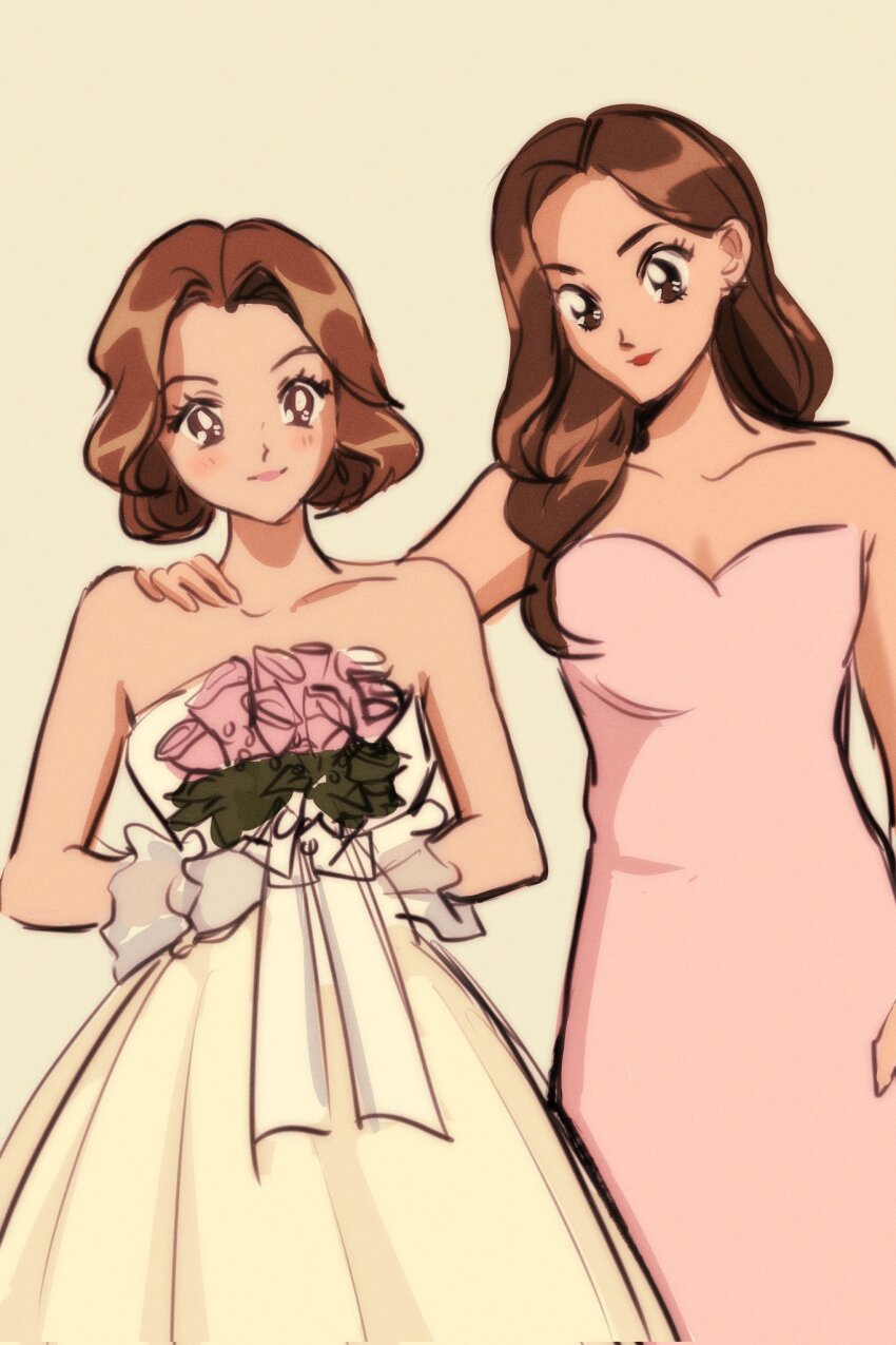 1990s_(style), 2girls, bare_shoulders, blush, bouquet, brown_eyes, brown_hair, dress, female_focus, flower, gap:_the_series, hand_on_another's_shoulder, highres, holding, holding_bouquet, kornkamon_phetpailin, long_dress, long_hair, matching_hair/eyes, medium_hair, monochrome_background, moonbrush, multiple_girls, pink_dress, pink_flower, pink_rose, retro_artstyle, rose, samanan_anantrakul, smile, standing, strapless, strapless_dress, wedding, wedding_dress, white_dress, wife_and_wife, yuri