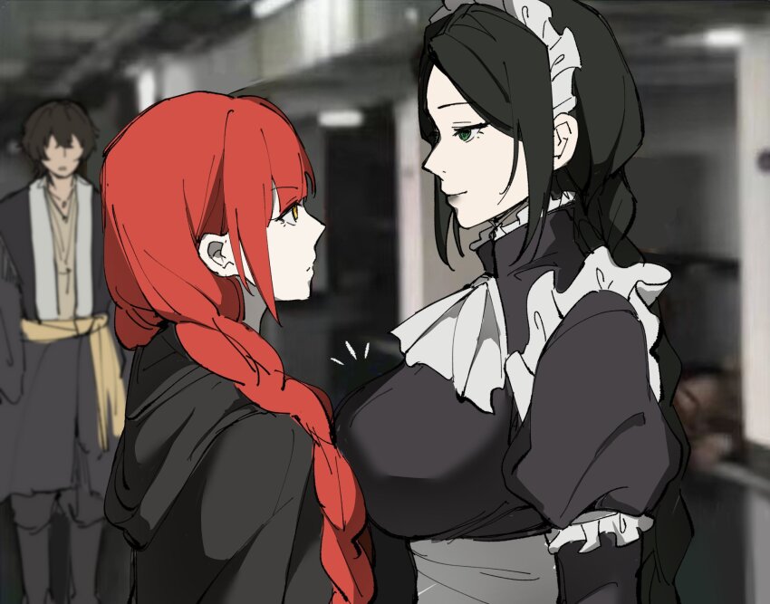 1boy, 2girls, black_dress, black_robe, braid, breast_press, breasts, dress