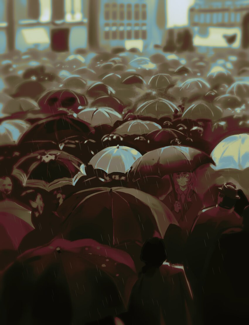 1girl, 6+others, absurdres, city, closed_mouth, crowd, day, gloves