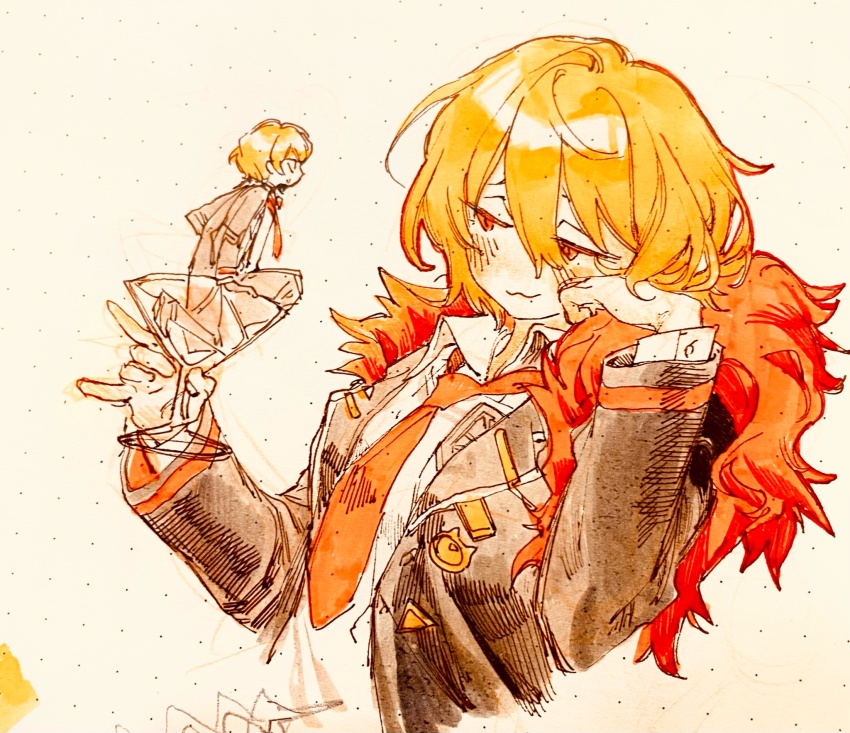 1boy, 1girl, :3, badge, black_coat, blonde_hair, blush, brooch