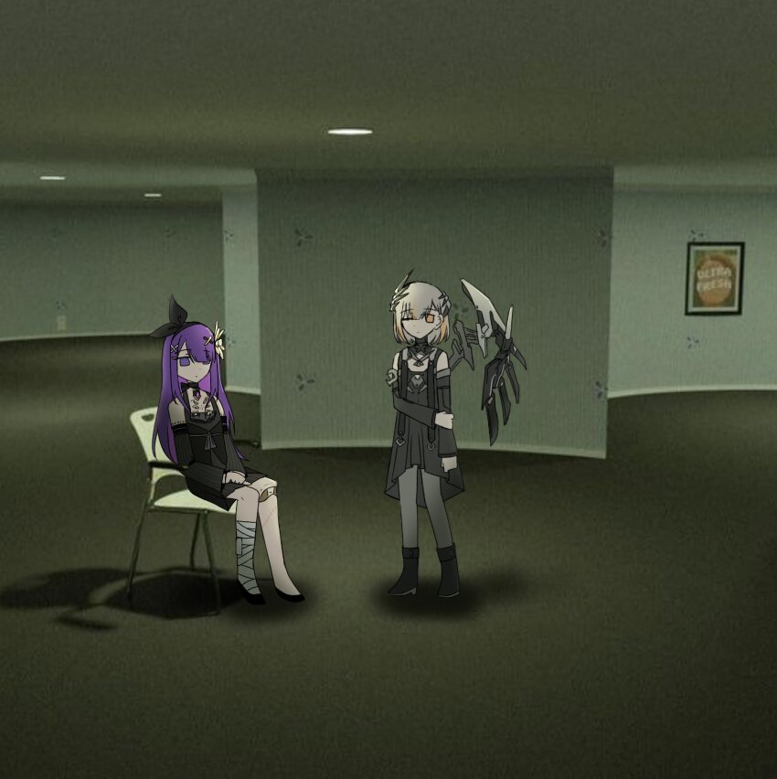 1boy, 1girl, bandaged_leg, bandages, black_bow, black_choker, black_dress, black_hairband, black_sleeves, bow, choker, cinderelik_(pgr), detached_sleeves, dress, flower, grey_hair, hair_bow, hair_flower, hair_ornament, hair_over_one_eye, hairband, headgear, highres, joints, liminal_space, lithos_(pgr), long_sleeves, mechabare, mechanical_legs, mechanical_wings, medium_hair, multicolored_hair, one_eye_closed, orange_eyes, orange_hair, punishing:_gray_raven, purple_eyes, purple_hair, robot_joints, single_mechanical_leg, single_wing, streaked_hair, trap, tsuuuuuukiiiiii, wings